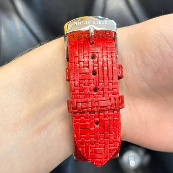philip stein signature watch MOP dial diamond bezel red wicker strap main image 8
